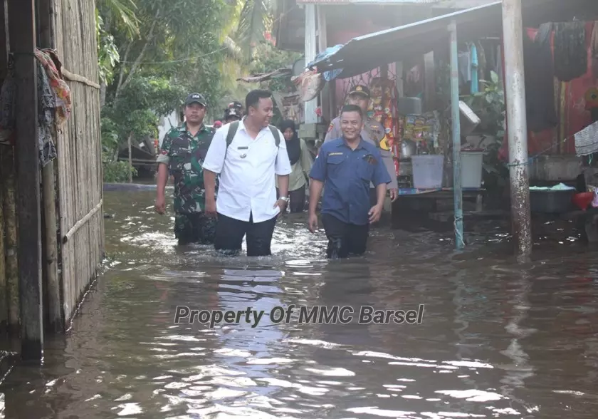 Asisten Perekonomian dan Pembangunan Setda Barsel Rahmat Nuryadin didampingi Camat Dusun  Utara Abrar Noor saat meninjau serta membagikan Bantuan di Desa Marawan Baru